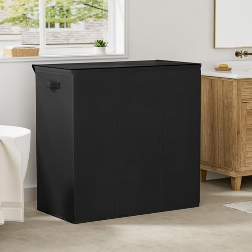 WOWLIVE 180L Laundry Hamper 3 Section, Large Laundry Basket with Lid - color: Black, size: 180l (31.5"L x 12.5"W x 28"H)