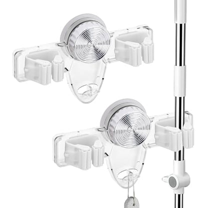 LELE LIFE 2 Pack Broom Holder Mop Hanger - Strong Suction Cup - No Drill Removable Broom Organizer Rack Wall Mount with Hooks for Bathroom Kitchen Garage, Clear - color: Clear