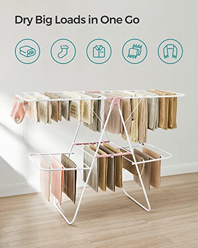 SONGMICS Clothes Drying Rack, Foldable 2-Level Stee Laundry Drying Rack - color: White + Pink, size: 2 Tiers（22"D x 61.8"W x 64.3''H )