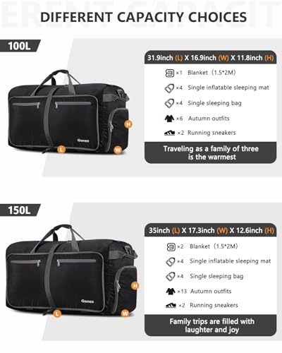 Gonex 150L Foldable Travel Duffle Bag with Shoe Compartment, Lightweight - color: Black, size: 150L