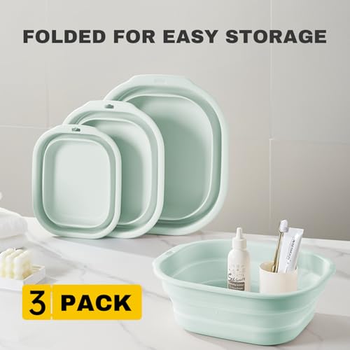 Collapsible Wash Basin Set of 3, Foldable Large Medium Small Wash Basins, Portable Plastic Basins for Laundry, Bottles, Travel, Camping (Green) - color: Green