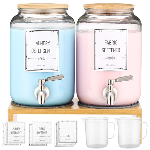 Laundry Detergent Dispenser. 0.9 Gallon Glass Laundry Soap Liquid Laundry Detergent Dispense. Fabric Softener Dispenser With Stand and Bamboo Lid. Laundry Room Organization and Storage