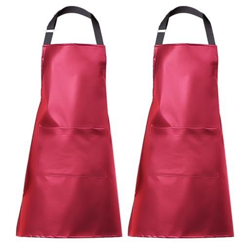 eywlwaar PU Waterproof Apron with One Big Pocket Adjustable Oil Proof Apron for Kitchen Dishwashing Cooking 29.92"x 26.77" - color: Red-2packs