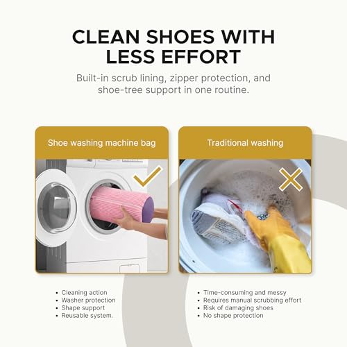 Shoe Washing Machine Bag (2 Pack), Shoe Bag for Washing Machine with Microfiber Scrub Fibers, Self-Locking Zipper Protection, 2 Adjustable Shoe Trees, Sneaker Laundry Bag for Washer and Dryer
