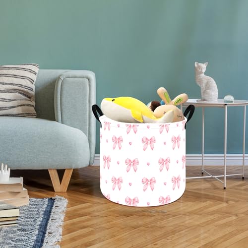 MAIZMZ 3 Pack Pink Storage Baskets for Girls Room, Round Laundry Basket with Handles,Toy Organizer Bin with Water-Resistant Lining, Foldable Nursery Basket for Clothes, Toys, Gifts, Bedroom - color: Crystal bow
