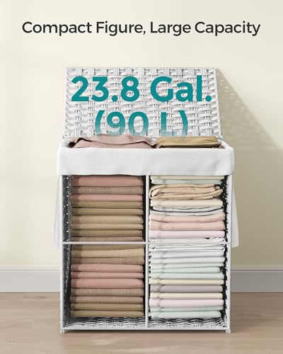 SONGMICS Laundry Hamper with Lid, 23.8 Gal (90 L) Synthetic Rattan,Foldable - color: Cloud White, size: 90 L