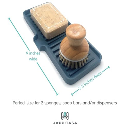 Silicone Soap Dish Tray and Sponge Holder with Drain Chute, Rectangular, Kitchen and Bathroom Sink Organizer (Smoky Blue, 9"x3.5") - color: Smoky Blue, size: (MD) 9"x3.5"
