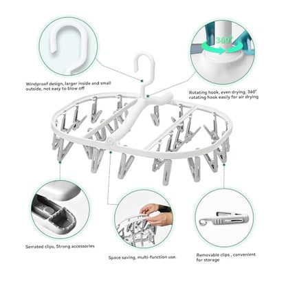 Premium Foldable Clothes Drying Hanger with 24 Clips, Anti-Rusty Plastic Drying Rack for Socks, Lingeries, Delicates and Baby Clothes (Grey) - style: 24 Clips (Grey)