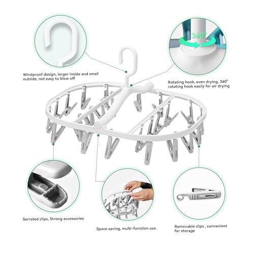 Premium Foldable Clothes Drying Hanger with 24 Clips, Anti-Rusty Plastic Drying Rack for Socks, Lingeries, Delicates and Baby Clothes (Grey) - style: 24 Clips (Grey)