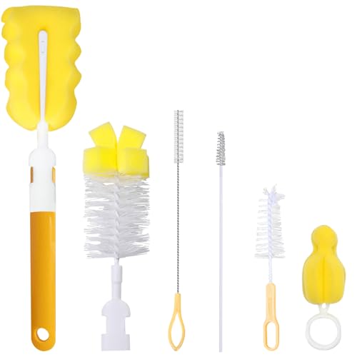 Baby Bottle Cleaning Brush 6-Piece Set Detachable Sponge Bottle Brush, Nylon Milk Bottle Brush, 2PCS Nipple Brush, 2PCS Straw Brush (Orange) - color: Orange
