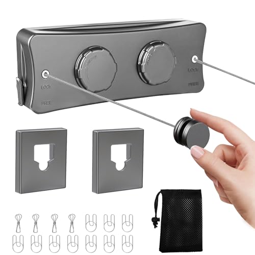 Retractable Clothesline Indoor & Outdoor, 16.7 Ft Non-Sagging Double Clothes Line, Retracting Heavy Duty Clothes Drying Laundry Line, Wall Mounted Space-Saving Stainless Steel Line - color: Gray
