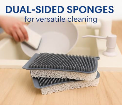 Silicone Sponge & Scrubber – 2-in-1 Non-Scratch Dishwashing for Dishes, Pots & Pans, Reusable Kitchen Sponge with Soft Bristles & Foam (Dual-Sided Design) (Gray/White)