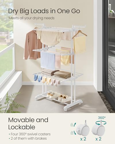 SONGMICS 4-Tier Clothes Drying Rack, Foldable, Rolling, 66.6-Inch Tall - color: White + White, style: 4-Tier