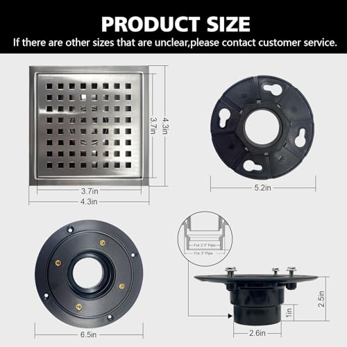 4 Inch Square Shower Drain with Flange, Removeable Grate SUS 304 Stainless Steel Shower Drain with Hair Catcher (Brushed Nickel, 4 Inch) - color: Brushed Nickel, size: 4 Inch