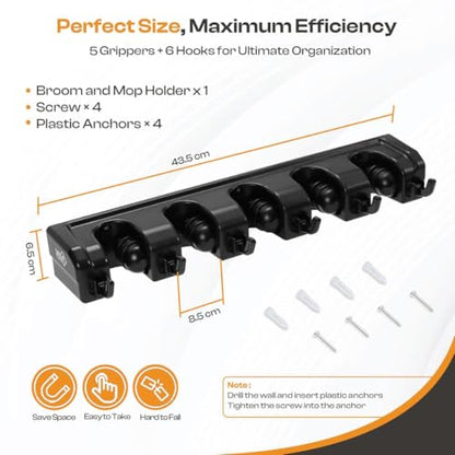 ABS Plastic Broom Holder Wall Mount, 5 Slots & 6 Hooks - size: 5 Slots & 6 Hooks