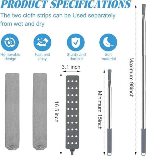 Retractable Gap Dust Cleaner with 15-98 Inch Extension Pole, Flat Duster for Under Appliances and Furniture, Includes 2 Washable Microfiber Pads for High Ceilings and Hard to Reach Spaces