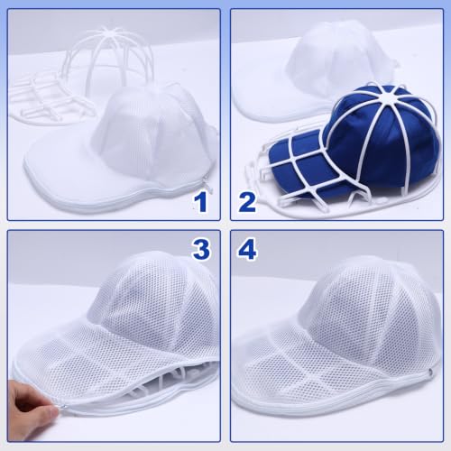Baseball Cap Washer Frame for Washing Machine, Hat Washer Cage for Flat and Curved Hats with Mesh Laundry Bag, White PP Plastic, Fits Adult and Kids, 2 Pack