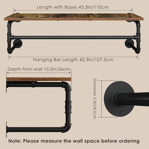 Clothes Rack Wall Mounted, 43.3in Shelf with Hanging Rod, Industrial Pipe Clothing Rack for Hanging Clothes, Space-Saving Garment Rack Wall Mount, Multi-Purpose Hanging Rod for Bedroom, Closet - size: 43.3in/110cm