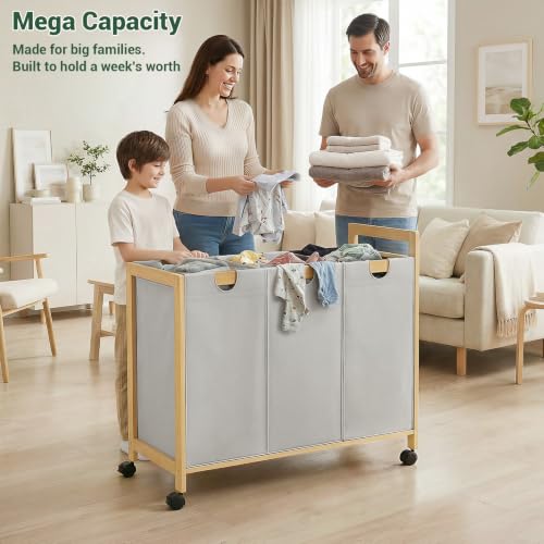 Homykic 250L Laundry Sorter with Wheels, 3-Section Laundry Hamper, Grey - color: Grey