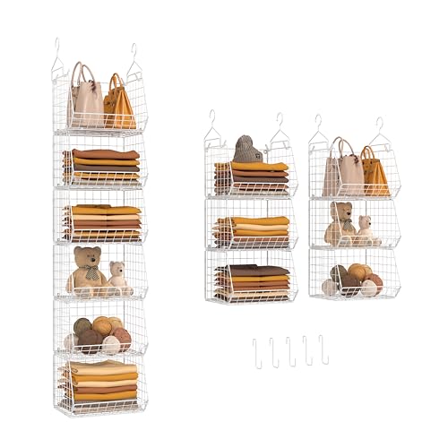 X-cosrack 6 Tier Closet Hanging Organizer, Clothes Hanging Shelves with 4 Hanging Hooks 5 S Hooks, Wire Storage Basket Bins, for Clothing Sweaters Shoes Handbags Clutches Accessories Patent - color: White