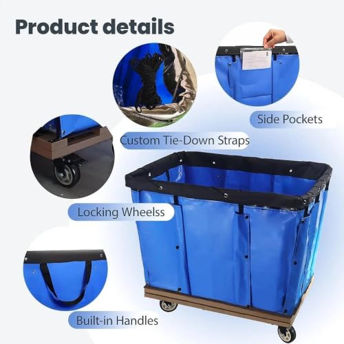 Commercial Laundry Cart with Wheels Blue Vinyl Nylon 16 Bushel Truck,Dirty Clothes Hamper for Home & Hotel - size: 16 Bushel