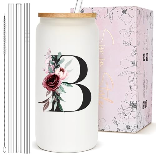 Cute Personalized Customized Gifts for Women, Monogram Glass Cups with Bamboo Lids and Straws, Initial Design Drinking Iced Coffee Cup Custom Letter Mug Tumbler, Grandma Teacher Appreciation Gifts, B - style: Letter B