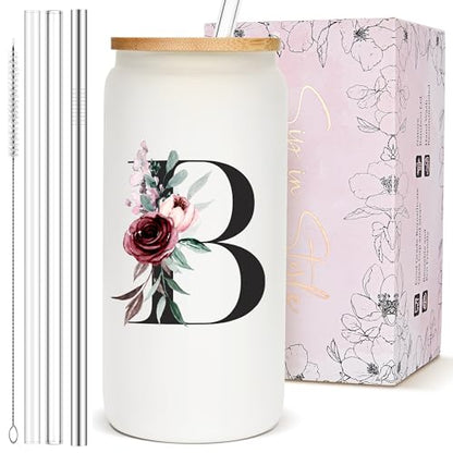 Cute Personalized Customized Gifts for Women, Monogram Glass Cups with Bamboo Lids and Straws, Initial Design Drinking Iced Coffee Cup Custom Letter Mug Tumbler, Grandma Teacher Appreciation Gifts, B - style: Letter B