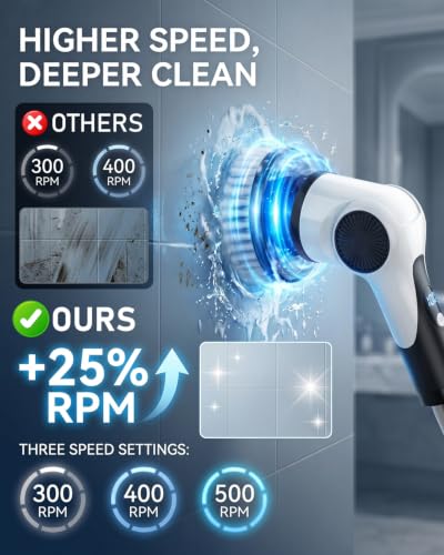 Electric Spin Scrubber, 3-Speed Shower Scrubber with Long Handle & 10 Replaceable Brush Heads, Cordless Shower Cleaner Brush with 90 Mins Runtime & Full-Body IPX7 Waterproof for Bathroom Kitchen