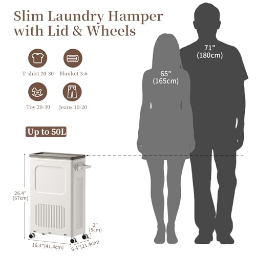 Slim Laundry Hamper with Lid 50L Rolling Basket - color: Milky, size: 50L