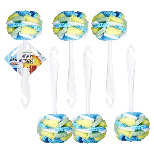Compac Home Dish SpongeWand Plus Tri Surface Scrubbing Sponge with Cello Foam Scour Sponge Petals, Cleans Dishes, Glassware 360 Scrubber Pads for Tough to Clean Pots Pans, Multi-Color, (Pack of 6) - size: 6 Count (Pack of 1)