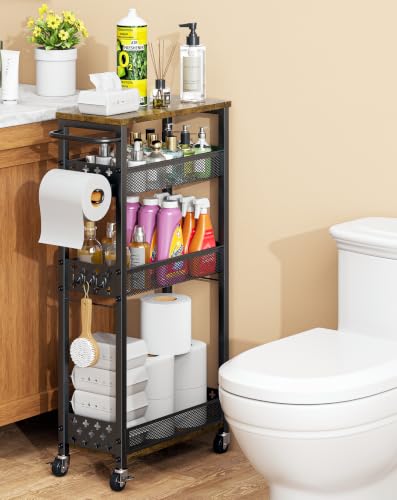OKZEST Slim Bathroom Organizers and Storage Cart with Toilet Paper Holder - color: Black, size: 4-Tier (with Toilet Paper Holder)