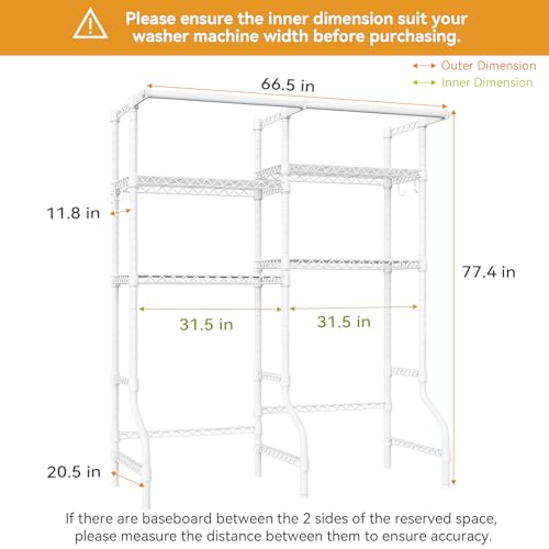 ULIFHOME U14 Over Washer and Dryer Storage Shelves, 4 Tiers Laundry Room Storage and Organizer System, Space Saving Clothes Drying Rack with 2 Clothes Hanger Rods, 66.5" W x 20.5" D x 77.4" H, White - color: White, size: Standard