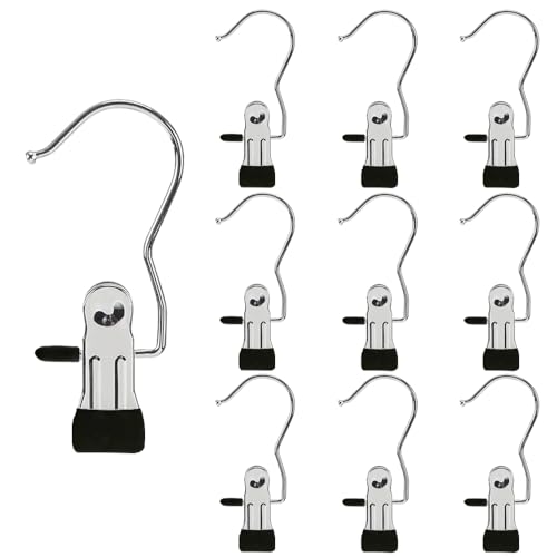 Stainless Steel Hangers Clips, Closet Hooks for Laundry, Travel Portable Clothes, Boot, Tall Towel, Hats, Socks, Pants and Bras (10, Black) - color: Black