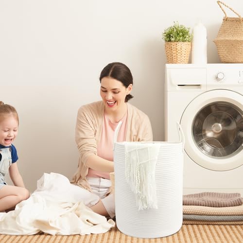 Woven Cotton Rope Laundry Basket, 15" x 20" Laundry Hamper, White - color: white, size: Regular