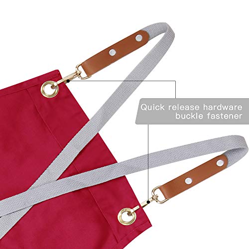Chef Apron,Cross Back Apron for Men Women with Adjustable Straps and Large Pockets,Canvas,M-XXL (Red) - color: Red