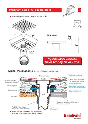 Neodrain 6" Brushed Square Shower Drain with Quadrato Pattern Grate - color: Brushed, size: 6 In
