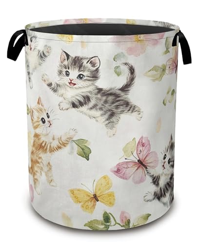 Cute Cats Laundry Hamper,Collapsible Laundry Baskets,Butterfly Floral Dirty Clothes Baskets with Handles,Oxford Cloth Hamper for Bedroom,Bathroom,College Dorms, 16"x20" - color: Cute Cats,Butterfly Floral