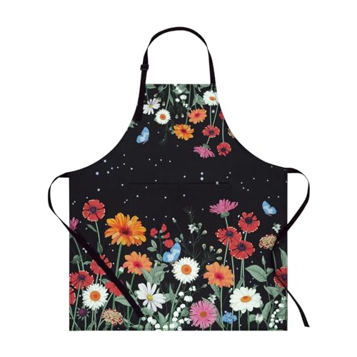 ASPMIZ Floral Apron for Adults, Waterproof Women Apron with 2 Pockets, Flower Cooking Aprons with Adjustable Neck Strap, Kitchen Apron for Washing Dishes, Gifts BBQ Grill 27.5 x 31.5 Inches, Black