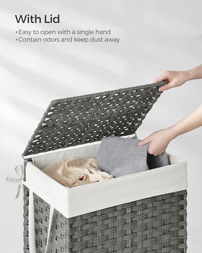 SONGMICS Laundry Hamper with Lid, 23.8 Gal (90 L) Synthetic Rattan,Foldable - color: Dove Gray, size: 90 L