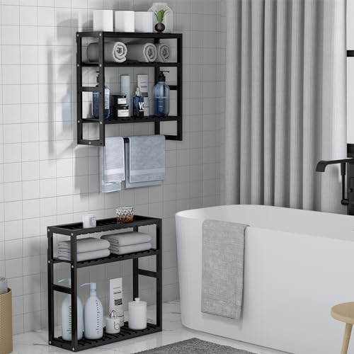 PPN 100% Bamboo Towel Rack Bathroom Storage Shelves Over Toilet Towel Bar - color: Black Standard 1 Pack