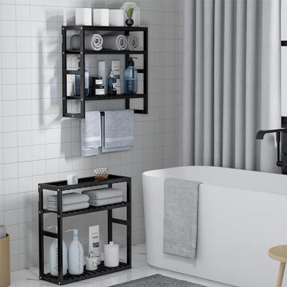 PPN 100% Bamboo Towel Rack Bathroom Storage Shelves Over Toilet Towel Bar - color: Black Standard 1 Pack