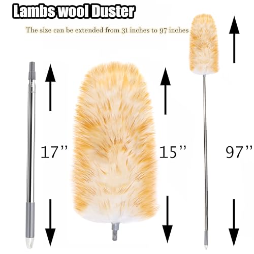 Feathers Duster 97" Long Telescoping Lambswool Duster with Bendable Wool Head - Ultra-Thick Stainless Steel Extension Pole for Cleaning