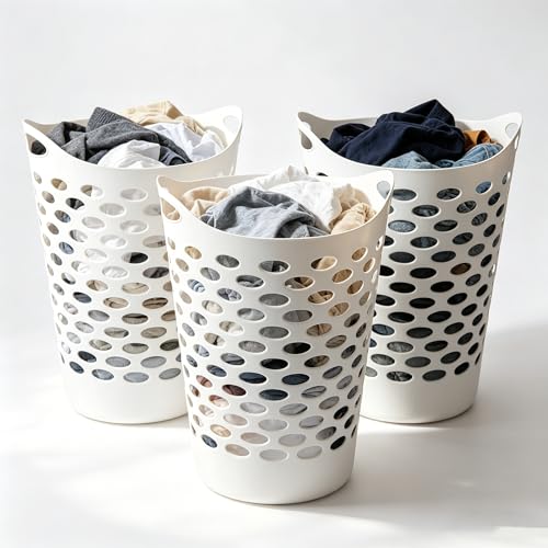 White Plastic Round Laundry Hamper with Comfort Carrying Handles Lightweight Basket for Bedroom, Bathroom, or Dorm Room (3 Pack) - color: White
