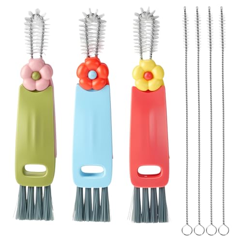 JJUNW 3 in 1 Cup Lid Cleaning Brush, 7Pcs Portable Cup Cleaner Set with 4 Long-Bristled Tools, Water Bottle Cleaner for Home Kitchen and Travel