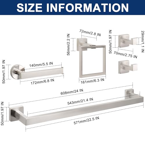 NearMoon 5 Pieces Bathroom Hardware Set 304 Stainless Steel, Square Towel Rack Kit - 24" Towel Rod + Towel Ring + Toilet Paper Holder + 2 Robe Hooks, Wall Mounted Bath Accessories (Brushed Nickel) - color: Brushed Nickel, size: 24 inch