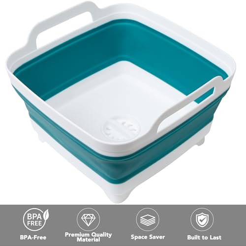 Tiawudi Dishpan for Washing Dishes, 2.4Gal/9L Wash Basin with Draining Plug Carry Handles, Collapsible Bucket for Cleaning, Portable Sink, Foldable Plastic Tub, 1PC - color: Teal Blue, size: 1 x 9L