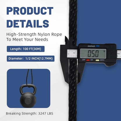 NEWSEED 100 Ft 1/2 Inch Nylon Rope Heavy Duty Utility Rope (Black) - size: 1/2 In x 100FT, style: Black