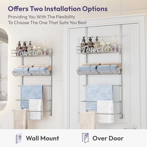 SWTYMIKI Over the Door Towel Racks for Bathroom - 5-Tier Wall Mounted Bathroom Towel Storage Organizer Holder with Metal Shelf, Sliver - color: Silver