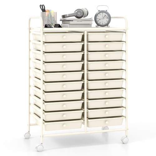 Giantex 20 Drawers Rolling Cart, Mobile Storage Drawer Cart, Classroom Organizer for Office School Supplies Tools Scrapbook Paper Craft Small Printer, Utility Stand on Wheels, Ivory White - color: White, size: 20 Drawer-25”x15”x35”