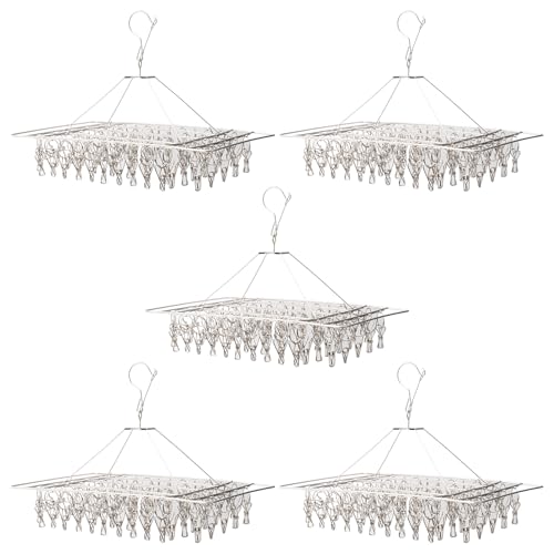 5 Pack 17x10 inch Stainless Steel Drying Rack with 60 Clips, Swivel Sock Drying Rack with Windproof Clips, Stainless Steel Clothes Hanger for Bras, Clothes, Sock & Underwear Towels - size: 5 Pack